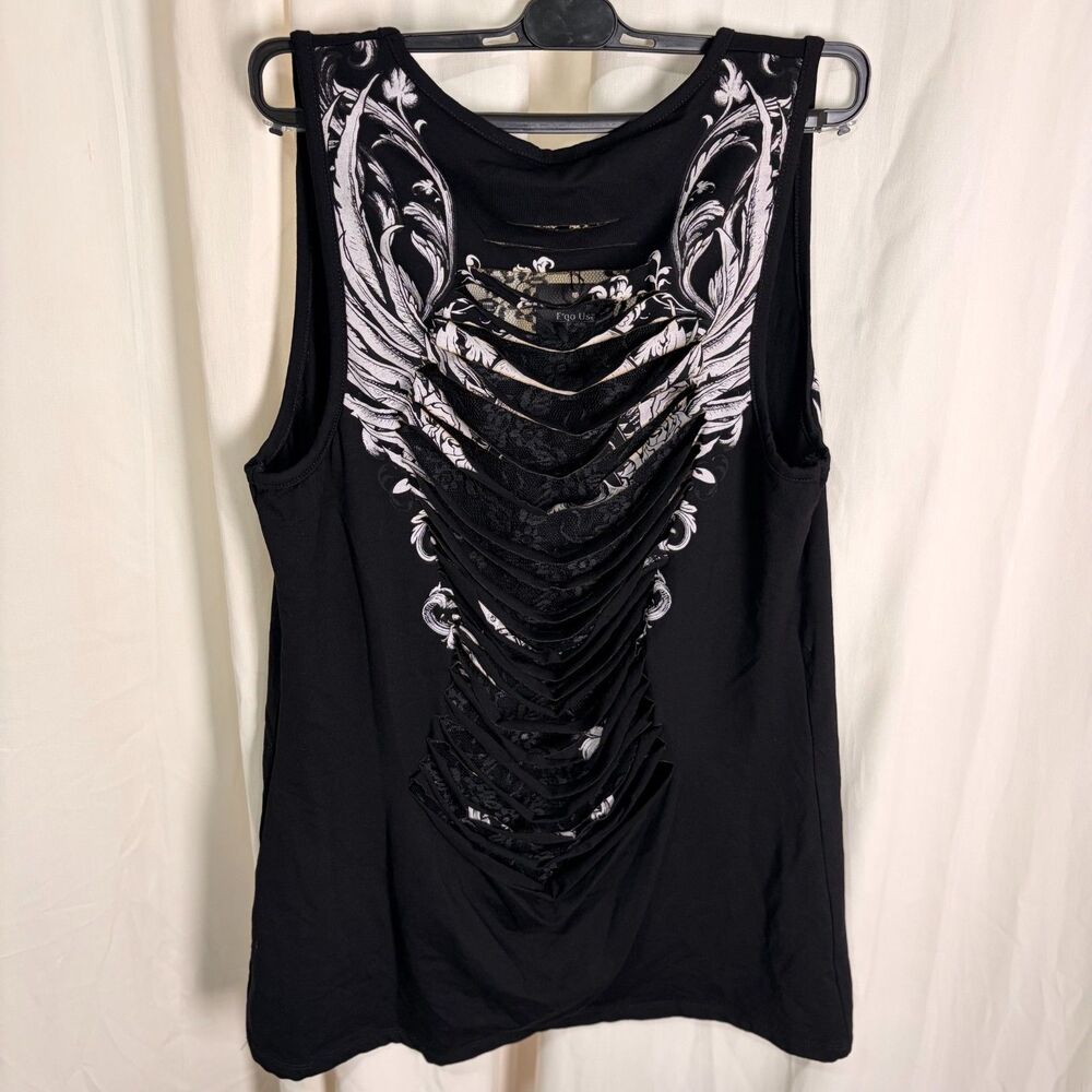 Gothic Skull Rhinestone Tank Top Lace Back Cross Bones Y2K Grunge Biker Bling 2X - Picture 3 of 6